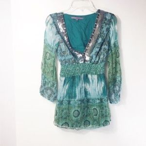 Hale Bob Silk Boho Top Silver Sequin Embellished